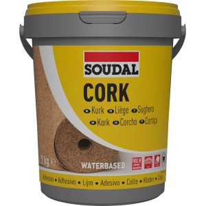 Secchio di colla per sughero Soudal 22A 1 kg, adesivo pronto all'uso per pavimenti e pareti in sughero.