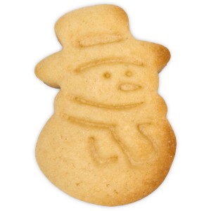 Goldbrauner Schneemann-Keks mit detaillierter Prägung von Hut, Gesicht und Schal, gebacken mit dem 4,5 cm Präge-Ausstecher.
