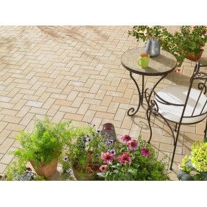 Pavés rectangulaires en béton grès (20x10x6 cm) posés sur une terrasse avec mobilier de jardin et plantes.