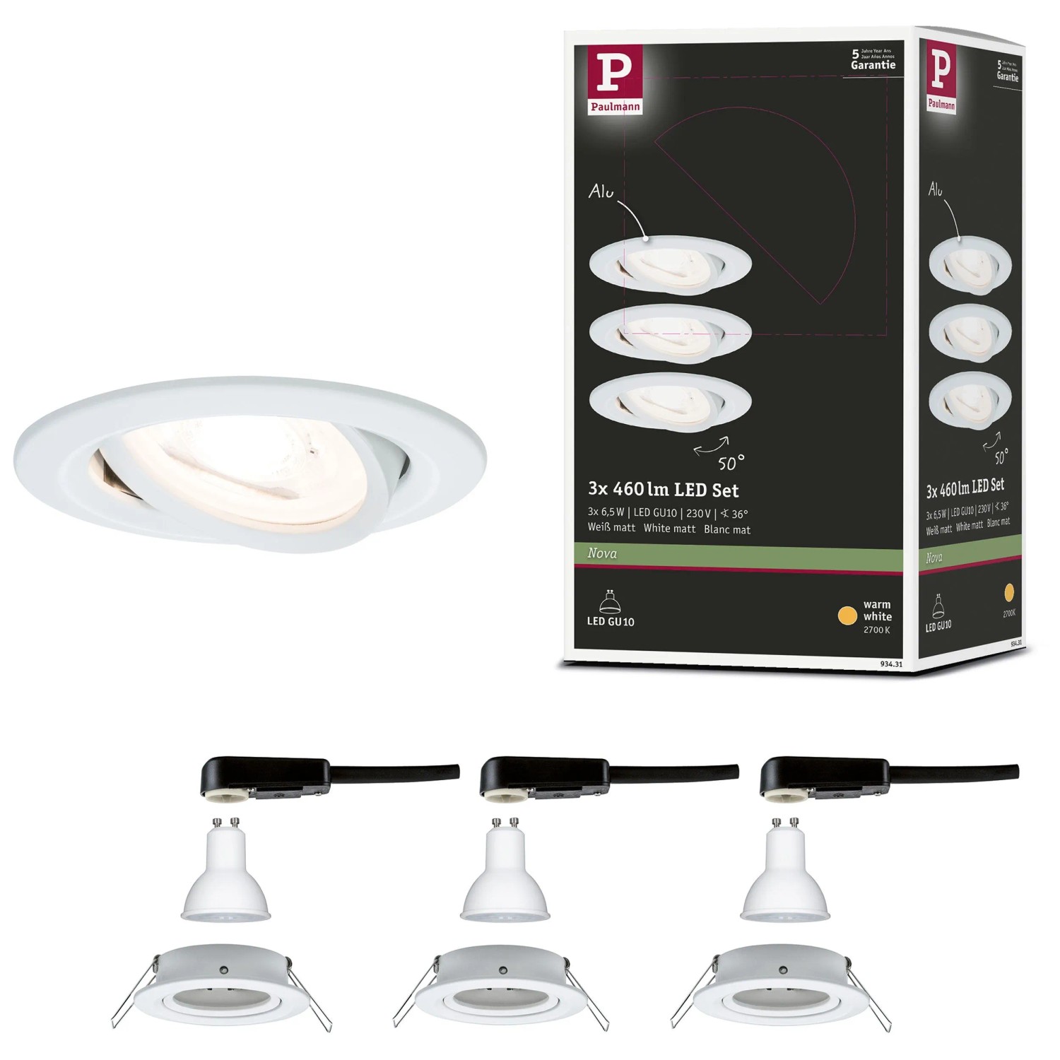 Paulmann 28928 Set 3 Faretti A Led GU10 - 7W, 460 Lm, 4000K (Bianco Neutro) - Luce Orientabile Per Interni, 36°