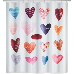 Tenda doccia Wenko Love con cuori colorati, 180x200 cm, in poliestere.
