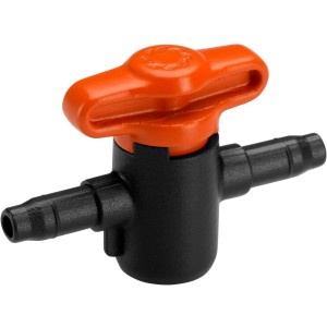 Valvola di regolazione e intercettazione Gardena per sistemi Micro-Drip, maniglia rotante arancione, corpo nero.