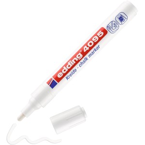 Marqueur craie Edding 4095 blanc avec capuchon amovible et trait de craie.