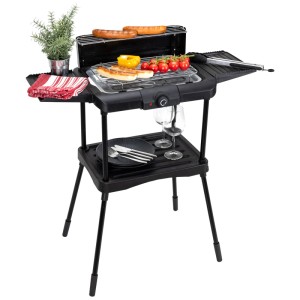Grill elettrico nero Nouvel Fly con ripiani e cibo grigliato.