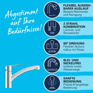 Miscelatore cucina Grohe QuickFix Start cromo con doccetta: Flessibile, 2 getti, senza piombo.