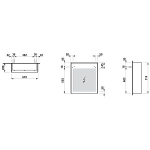 Disegno tecnico specchiera Laufen Lani, bianco opaco, con misure e dettagli installazione per mobili bagno.