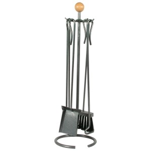Ensemble d'accessoires de cheminée 5 pièces Nouvel Boule en acier avec manche en bois : pelle, balai, pince et tisonnier.