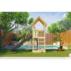 Karibu Spielturm Lotti mit Rutsche, Holzleiter, naturbelassen/anthrazit, im Garten.