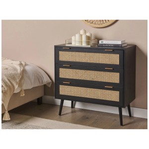 Commode noire Beliani Opoco avec façades en rotin et poignées dorées, 80x80x40 cm.