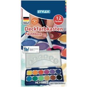 Set di colori a tempera Stylex con 12 colori e tubetto di bianco, ideale per progetti creativi.