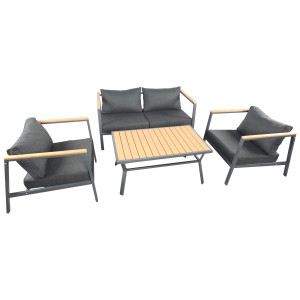Acamp Lounge-Set Patras, 4-teilig, anthrazitfarben mit Tisch in Holzoptik und grauen Polstern.