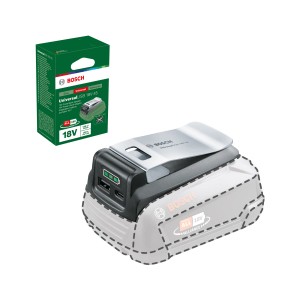 Adattatore batteria USB Bosch Universal 18V-45 con funzione power bank e confezione.