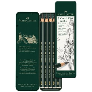 Faber-Castell Castell 9000 Jumbo Bleistifte, 5er-Set im Metalletui, verschiedene Härtegrade.