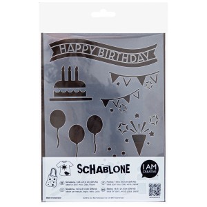 I Am Creative Stencil Happy Birthday A5 con torta, palloncini e ghirlanda.