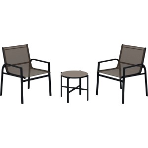 Ensemble balcon 3 pièces Tapena : 2 chaises, 1 table, acier/textile noir-taupe.