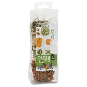 Witte Molen Heustick Puur Carota e Piselli, snack per roditori in sacchetto trasparente.