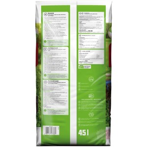 Dos du sac de terreau pour gazon GROW by OBI, 45l, avec informations sur l'application et le contenu.