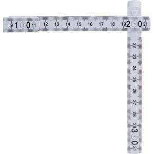 Mètre pliant OBI 1 m en fibre de verre, blanc avec échelle noire, plié.