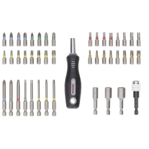 Set di inserti Bosch Extra Hard, 45 pezzi con manico cacciavite e inserti colorati.