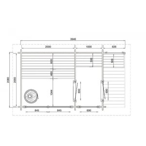 Plan de la sauna FinnTherm Lizzy M : Dimensions et agencement du sauna en bois massif avec vestibule et terrasse.