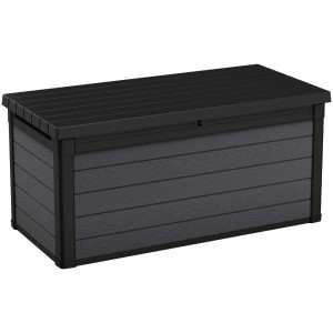 Coffre de rangement Keter Cortina Graphite 380 l : Coffre universel aspect graphite avec texture bois pour jardin et terrasse.