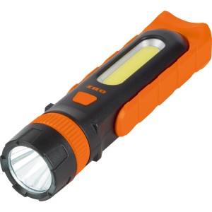 Lampe de travail OBI COB-LED noire avec des accents orange. Lampe de poche pour atelier et voiture.