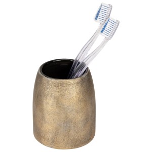 Wenko Zahnputzbecher Tremea aus Keramik in Bronze mit zwei Zahnbürsten.