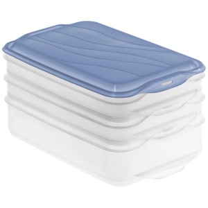 Set contenitori per alimenti Rotho Foodcenter Rondo, 3 pezzi, con coperchio blu, impilati.