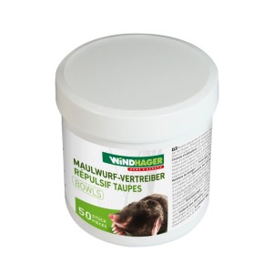 Windhager Palline Antitalpa, 50 pezzi, in contenitore bianco. Efficace repellente per talpe per il giardino.