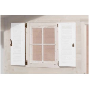 Volets blancs (2 faces) pour fenêtre de cabane de jardin, présentés ouverts.