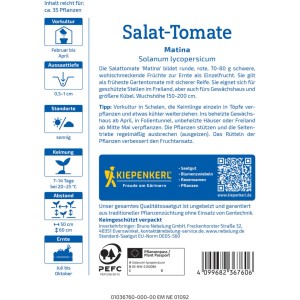 Graines de tomate à salade Kiepenkerl Matina : Sachet de graines avec des informations sur la culture et la récolte.