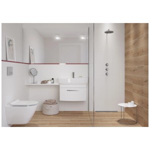Salle de bain moderne avec carrelage mural blanc Cersanit Bianca (25x40 cm) et carrelage imitation bois.