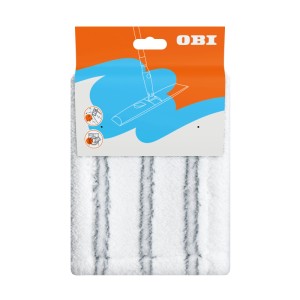 Housse de balai OBI en microfibre pour nettoyage humide, blanche à rayures grises, emballage OBI.