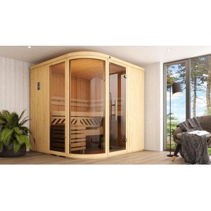 Weka Designsauna Sara 1 Sparset avec façade en verre et poêle dans un espace de vie moderne.