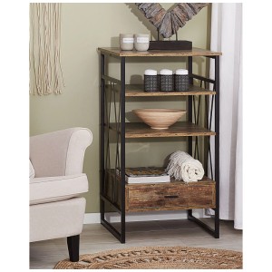 Étagère Beliani Keene marron/noir. Meuble industriel avec 3 étagères, 1 tiroir, aspect bois, cadre en métal noir.