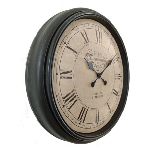 Orologio da parete vintage Globo, Ø 58cm, cornice in plastica nera, quadrante con numeri romani.