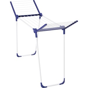 Stendibiancheria Leifheit Pegasus 120 Compact, bianco e blu, con ali laterali estese.