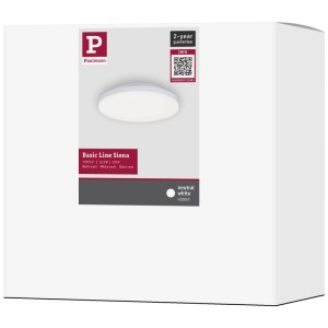 Emballage blanc du luminaire mural et de plafond LED Paulmann Siena. Luminaire LED rond, blanc mat, 12,3W et 4000K.