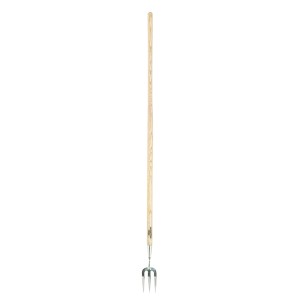 Fourche à long manche en acier inoxydable avec manche en bois pour le jardinage.