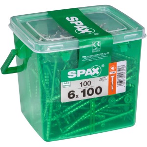 Vis universelles Spax 6x100 mm, tête fraisée, entraînement T-Star plus, 100 pièces dans un récipient transparent.