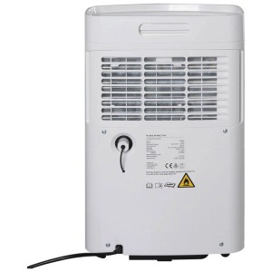 Déshumidificateur Kibernetik M25 blanc, vue arrière avec grille de ventilation, câble et raccord de vidange.
