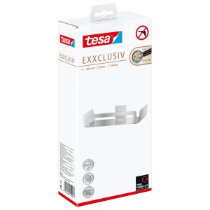 Emballage de l'étagère de douche Tesa Exxclusiv aspect acier inoxydable. Étagère de douche pour montage mural sans perçage.