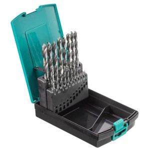 Set punte trapano Technocraft HSS-G, 19 pz, 1-10 mm, in valigetta plastica verde-nera aperta.