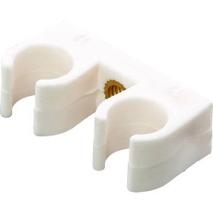Clip doppio per tubi bianco Ø 12 mm in plastica con filettatura M6 per due tubi.