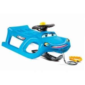 Slittino blu Zigi Zet con volante e corda. Slittino per bambini a forma di auto.