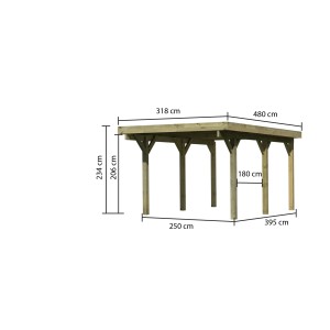 Karibu Einzelcarport Classic aus Holz mit Stahl-Dacheindeckung und Maßangaben.