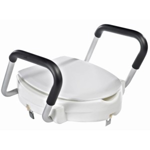 Rehausseur de WC Ridder blanc avec couvercle et poignées noires en aluminium, supporte jusqu'à 150 kg.