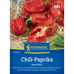 Kiepenkerl Chili-Paprika Hana Rot F1-Hybride, fruits rouges piquants sur sachet de graines.