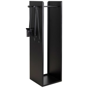 Range-bûches compact Nouvel en métal anthracite avec outils de cheminée.