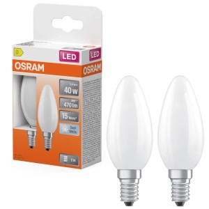 2er-Pack Osram LED-Leuchtmittel B40 E14, 4W, neutralweißes Licht. Kerzenform, für Innenräume.